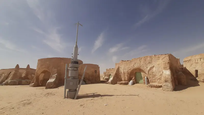 The Mos Espa Star Wars film set standing in the dunes near Tozeur