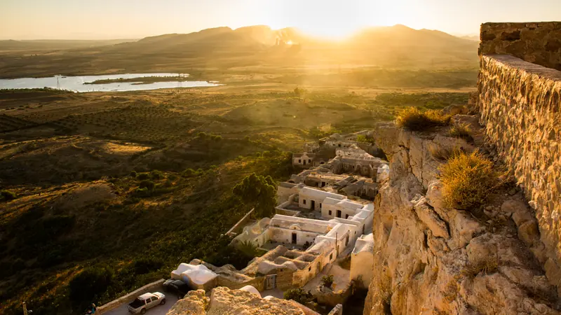 The Berber village of Takrouna on its rock at sunset