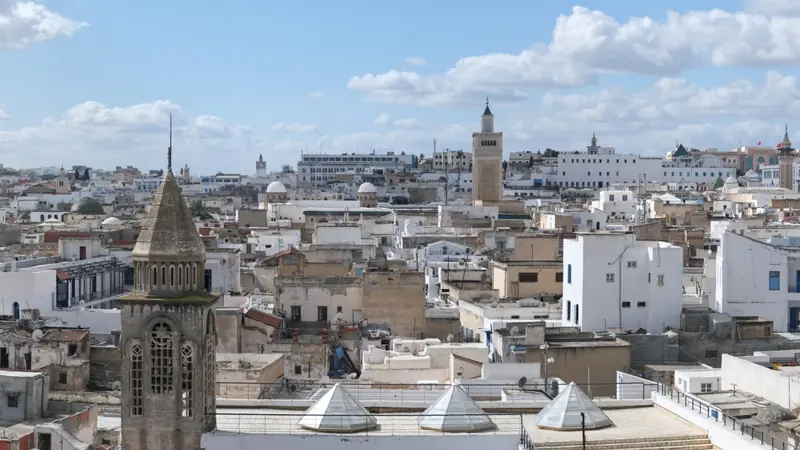 Białe dachy i minarety medyny w Tunisie